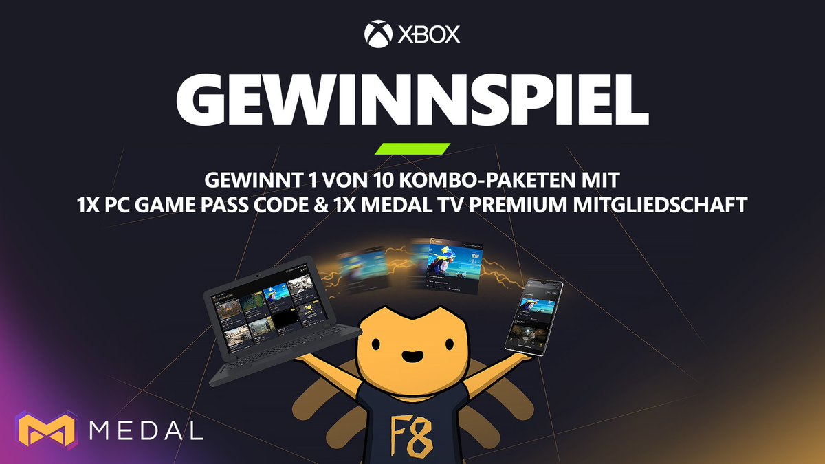 GamePassDACH's tweet photo. 🚨GEWINNSPIEL🚨
Die schönsten Gaming-Momente könnt ihr jetzt noch besser teilen dank Medal TV. 

Das feiern wir und ihr könnt 1 von 10 Fanpaketen gewinnen.
So macht ihr mit:
1. @PCGamePass_DACH &amp; @Medal_TV folgen ✅
2. Tweet liken + RT ❤️🔁

TNB 👉 https://t.co/rRlbwC5tS8 https://t.co/grjoNeOgMY