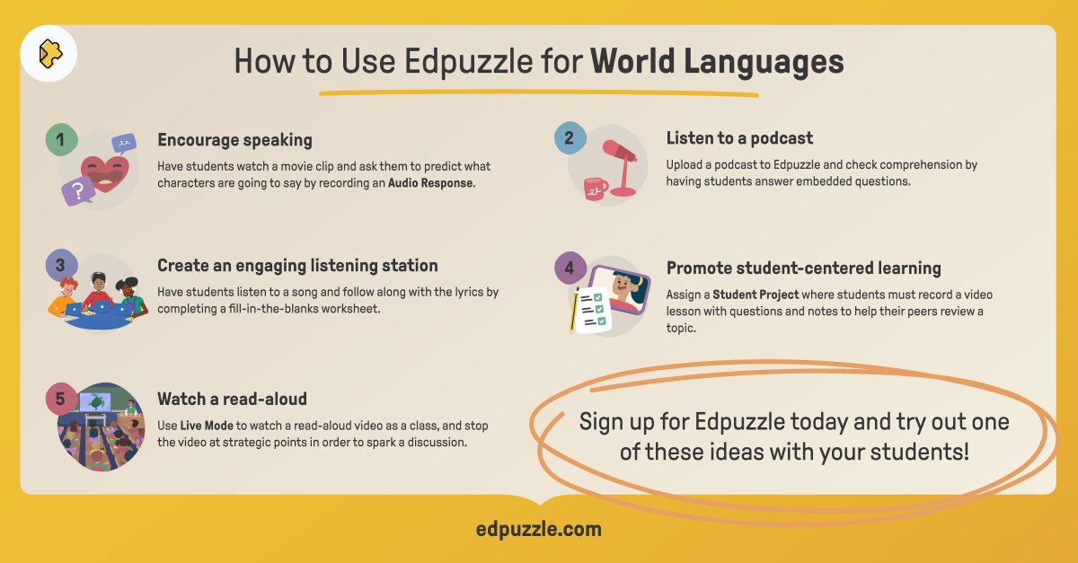 Edpuzzle (@edpuzzle) on Twitter photo π Discover 5 innovative ways to use #Edpuzzle in your #WorldLanguageClassroom. From encouraging speaking to promoting student-centered learning, we've got you covered! πͺ 
Which one will you try first? π¬ β¬οΈ π Discover 5 innovative ways to use #Edpuzzle in your #WorldLanguageClassroom. From encouraging speaking to promoting student-centered learning, we've got you covered! πͺ 
Which one will you try first? π¬ β¬οΈ