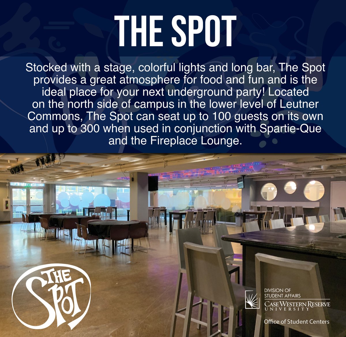 Student_Centers's tweet photo. Looking to host an event on the north side of CWRU campus? Check out these fun spaces, located in Leutner Commons to reserve for your next event! #CWRU #StudentCenters #event #venue #TheSpot https://t.co/HxDNrxbchc
