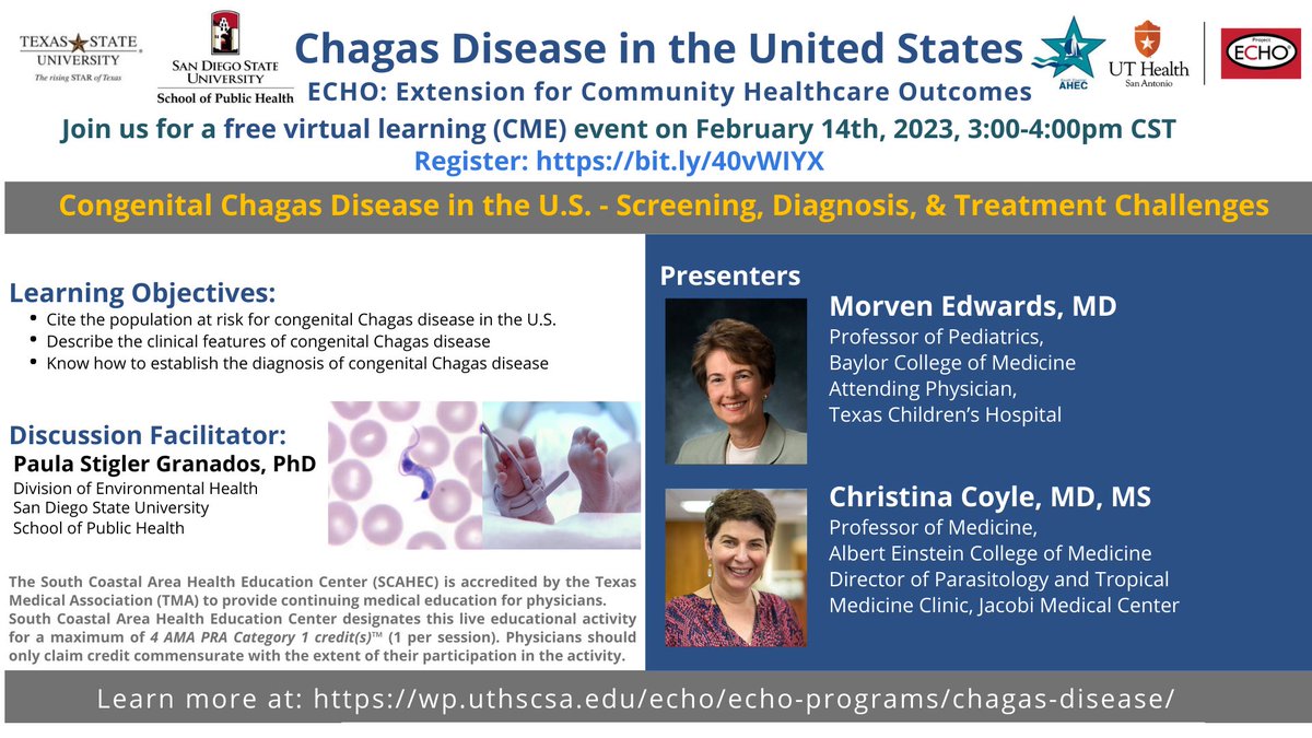Happy ❤️ day! Join the experts for free #CME on #pregnant women, babies and #Chagas disease talk Feb 14 with Dr. Coyle @Coyle_CM and Dr Edwards @BCMDeptMedicine @USChagasNetwork @MundoSano @ChagasBoston @CDCGlobal #OBGYN @ContempOBGYN @MedscapeObGyn wp.uthscsa.edu/echo/echo-prog…