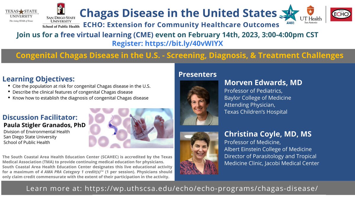 TexasChagasTaskforce (@chagastexas) on Twitter photo Happy ❤️ day! Join the experts for free #CME on #pregnant women, babies and #Chagas disease talk Feb 14 with Dr. Coyle <a href="/Coyle_CM/">Christina Coyle, MD</a> and Dr Edwards <a href="/BCMDeptMedicine/">BCM Department of Medicine</a> @USChagasNetwork <a href="/MundoSano/">Mundo Sano</a> <a href="/ChagasBoston/">Chagas @ BU & BMC</a> <a href="/CDCGlobal/">CDC Global Health</a> #OBGYN <a href="/ContempOBGYN/">Contemporary OB/GYN®</a> <a href="/MedscapeObGyn/">Medscape OBGYN</a> wp.uthscsa.edu/echo/echo-prog… Happy ❤️ day! Join the experts for free #CME on #pregnant women, babies and #Chagas disease talk Feb 14 with Dr. Coyle <a href="/Coyle_CM/">Christina Coyle, MD</a> and Dr Edwards <a href="/BCMDeptMedicine/">BCM Department of Medicine</a> @USChagasNetwork <a href="/MundoSano/">Mundo Sano</a> <a href="/ChagasBoston/">Chagas @ BU & BMC</a> <a href="/CDCGlobal/">CDC Global Health</a> #OBGYN <a href="/ContempOBGYN/">Contemporary OB/GYN®</a> <a href="/MedscapeObGyn/">Medscape OBGYN</a> wp.uthscsa.edu/echo/echo-prog…