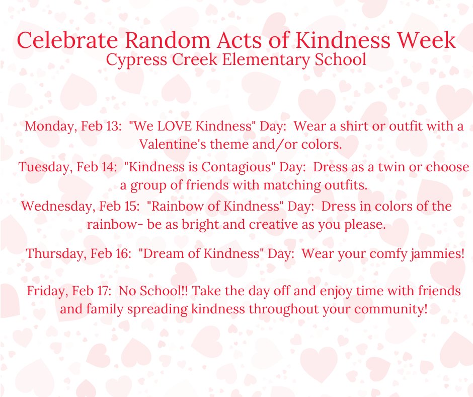 CCE Celebrating Random Acts of Kindness Week February 13-16, 2023.  See activities below.