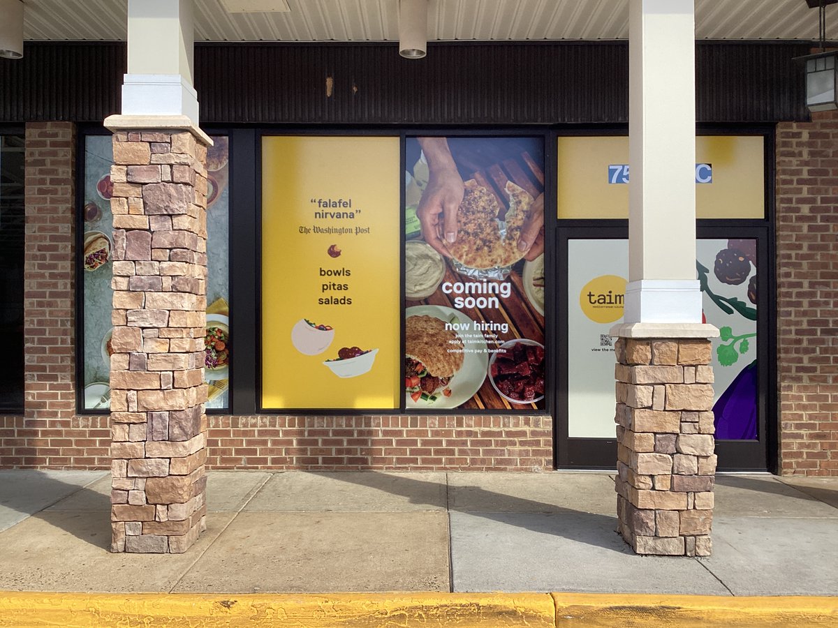 CreatEdgeSigns's tweet image. Temporary window graphics for the new Taim Mediterranean restaurant location, coming soon to Tyson's, VA! creativeedgesigns.com/products/custo… #windowgraphics #signgraphics #signage #virginia