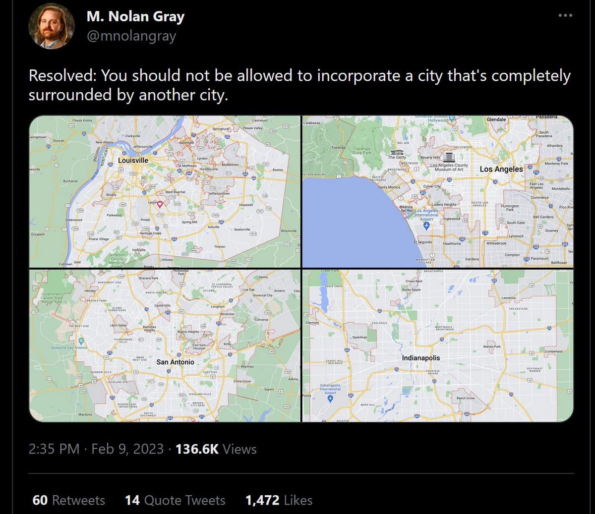 BadUrbanTakes's tweet photo. Definite bad urban take. Many of these communities were incorporated before they were surrounded. 
FYI: @mnolangray blocks this account because he is a coward. Feel free to tell him so. https://t.co/Q7RunzHLq6