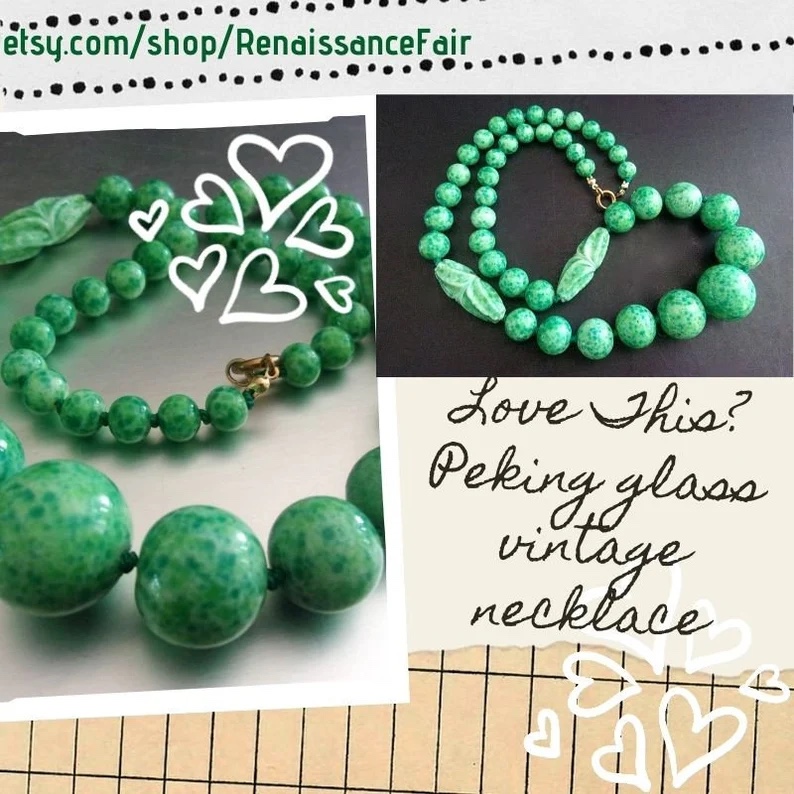 etsy.com/listing/140041… 
#necklace #PekingGlass #Czech #green #vintage #graduatedBeads #handknotted #carvedBeads #artGlass #ArtDeco #speckled #roaringTwenties #glassJade