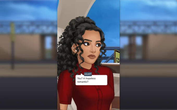 A still image of a character from Episode XOXO in disbelief that another character is a hopeless romantic.