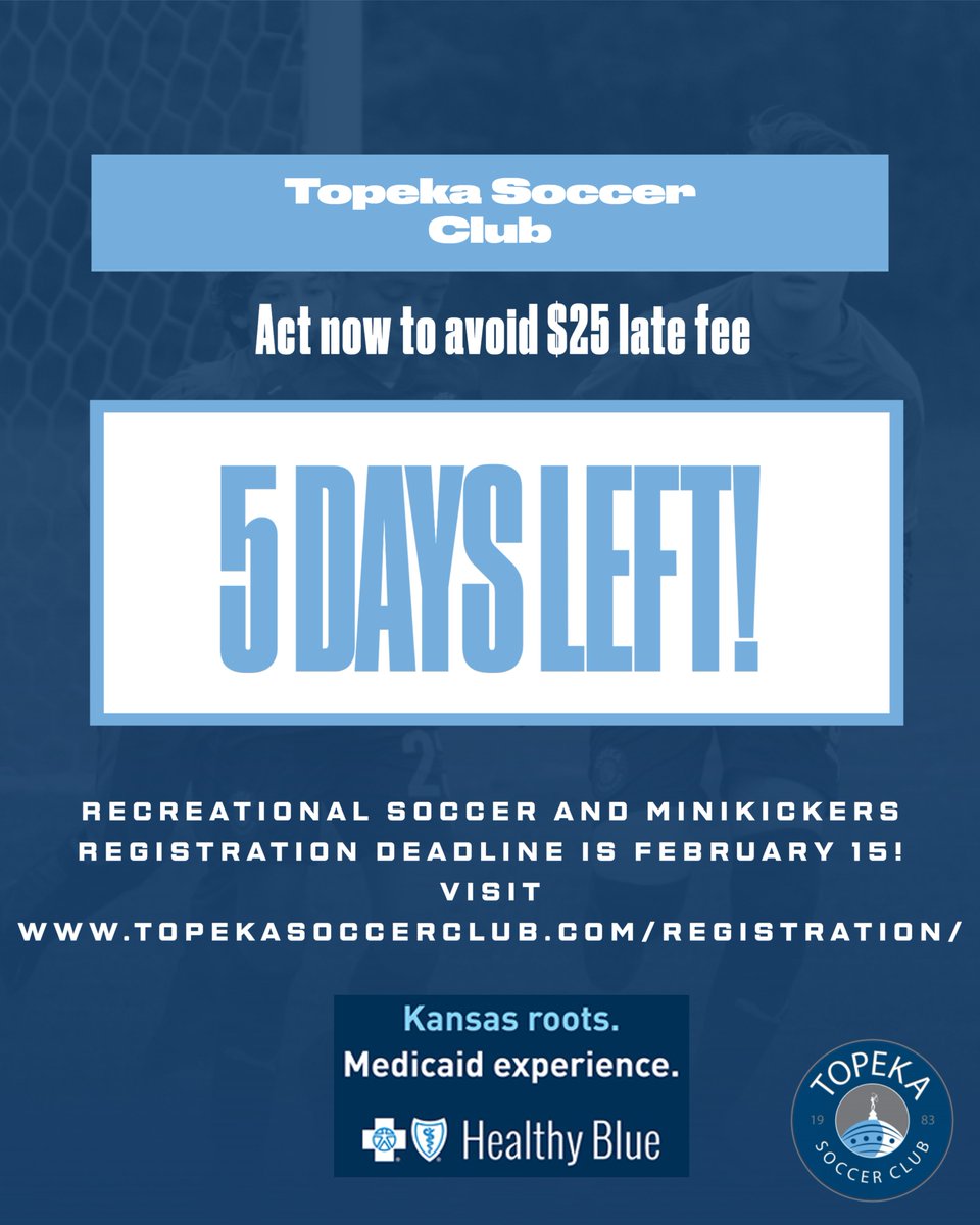 The deadline for registration is getting close! Sign up before February 15th in order to avoid a $25 late fee!

#loyaltothesoil #topekasoccerclub #ksyouthsoccer #kssoccer #topekasoccer #topcity #topekasoccer