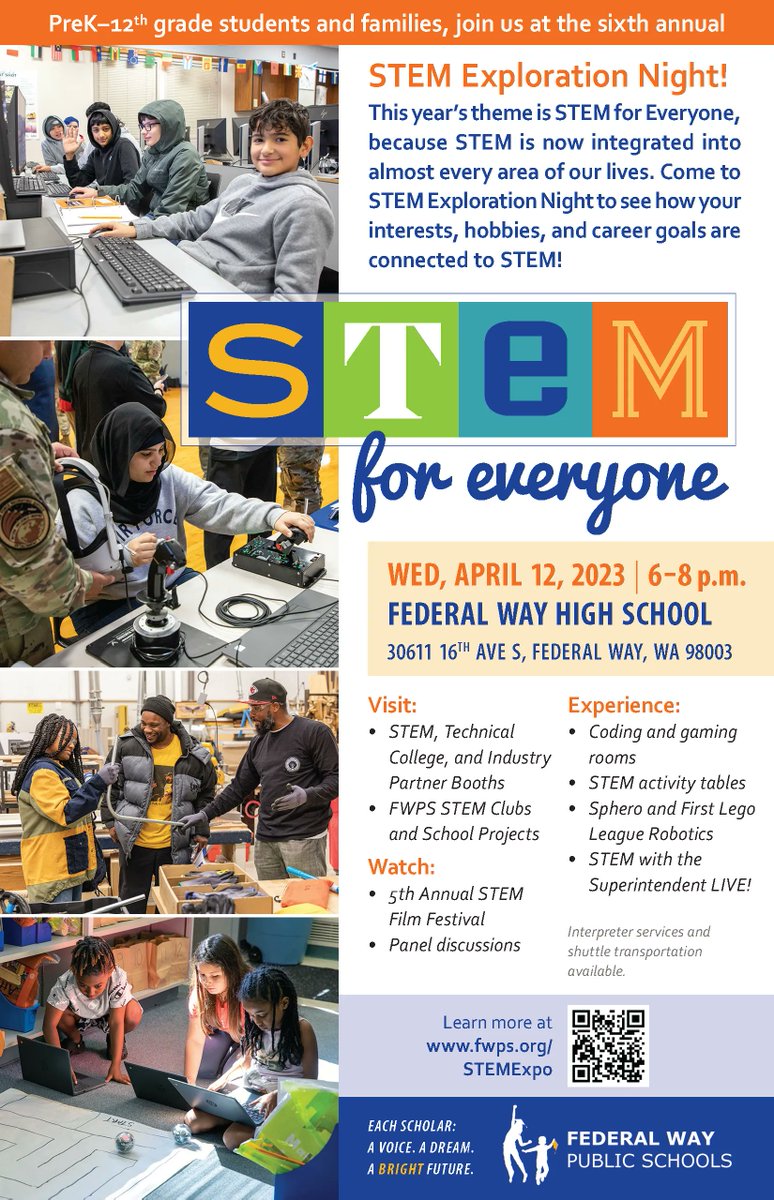 FWPS210's tweet photo. STEM Exploration Night is back and in-person Wed., April 12, 6-8 pm at Federal Way High School!
Save the date for this exciting STEM night where Pre-K-12th grade scholars can explore, prepare, and launch into STEM opportunities and careers! Learn more at https://t.co/RfFpkR0TQu https://t.co/l5bElSwKvl