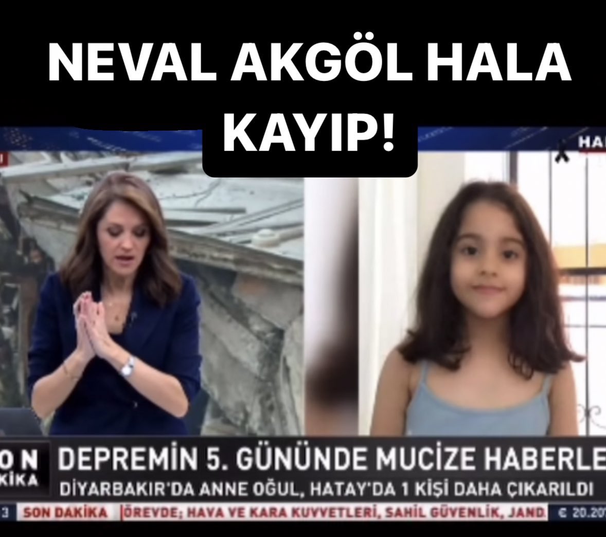 #acil Neval Akgöl hala kayip. 6 yasinda. Antakya’da hastaneye goturulurken ambulansa transfer ediliyor ve bir daha haber alinamiyor. #Antakya #Ankara #Mersin’de olabilir. 

+90 539 550 78 28
 <a href="/CanAkgol/">Can Akgöl</a>