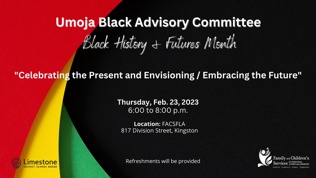 It has been an exciting year of a new partnership between <a href="/LimestoneDSB/">Limestone District School Board</a> and <a href="/FACSFLA/">FamChildrenServices</a>. Event open to Black Community Members and Allies. Come mingle with community members and hear from an engaging guest speaker. There will be refreshments. Registration: bit.ly/UBACFeb23