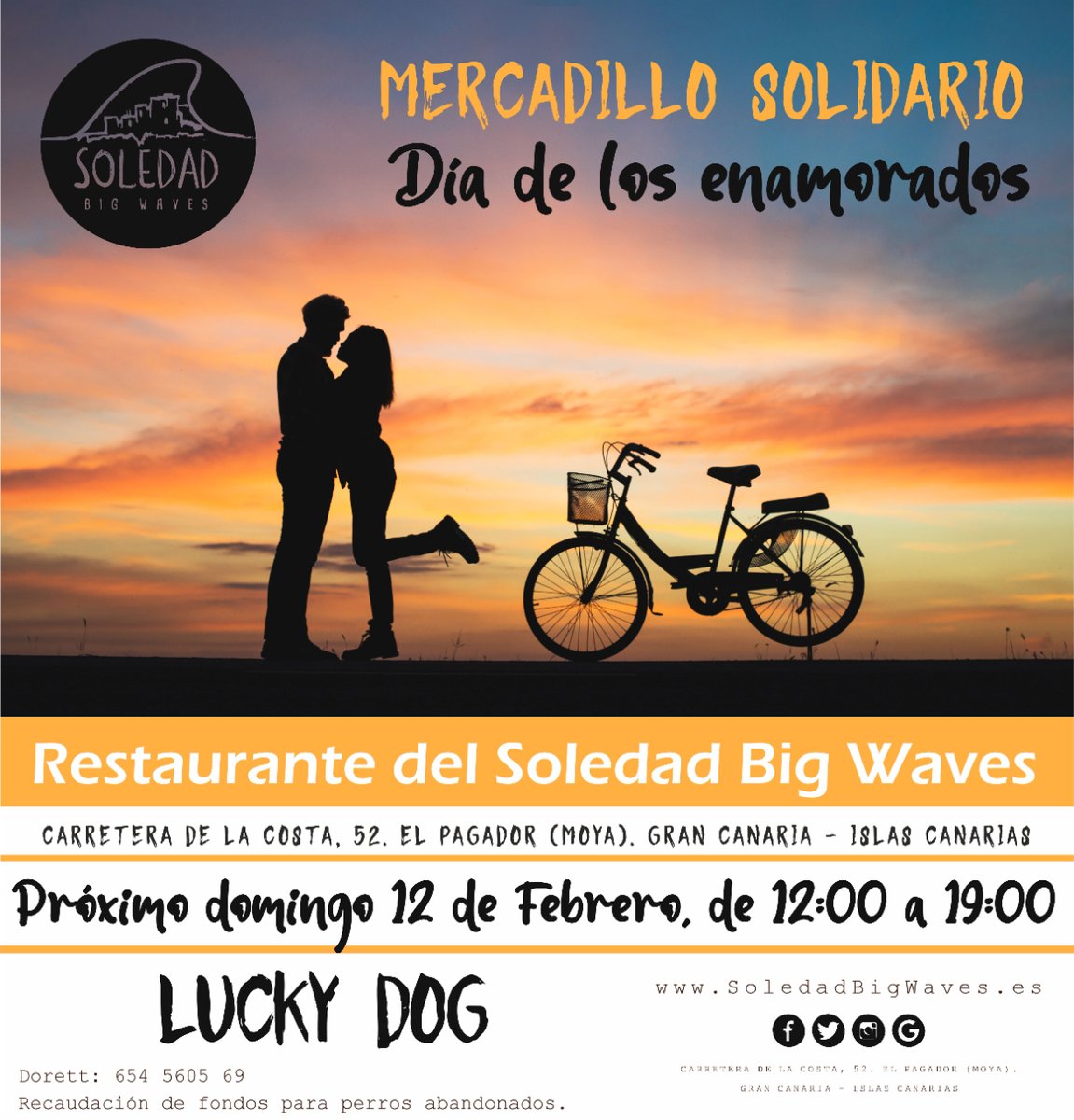 SoledadBigWaves's tweet photo. Ven a disfrutar de nuestro #Mercadillo #Solidario, especial #Día de los #Enamorados, el próximo domingo 12 de febrero, de 12:00 a 19:00. Les esperamos.
☎️ Reservas: 685 870 745 / 626 41 42 87
👁️🗨️ https://t.co/xmjZuH9L73
#Surf #Terraza #Coworking #GranCanaria #MejorenCholas https://t.co/hun33bFsGk