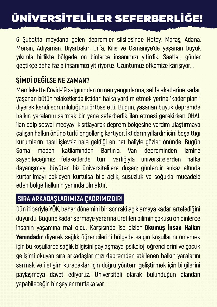 Üniversiteliler Seferberliğe!

Gün dayanışma günüdür. Memleketin en yıkıcı felaketiyle karşıkarşıyayız. Biz üniversiteliler deprem felaketi karşısında halkın yaralarını birlikte saracağız.

 Çağrımız tüm üniversitelilere! 👇

#OkumuşİnsanHalkınYanındadır #Deprem
