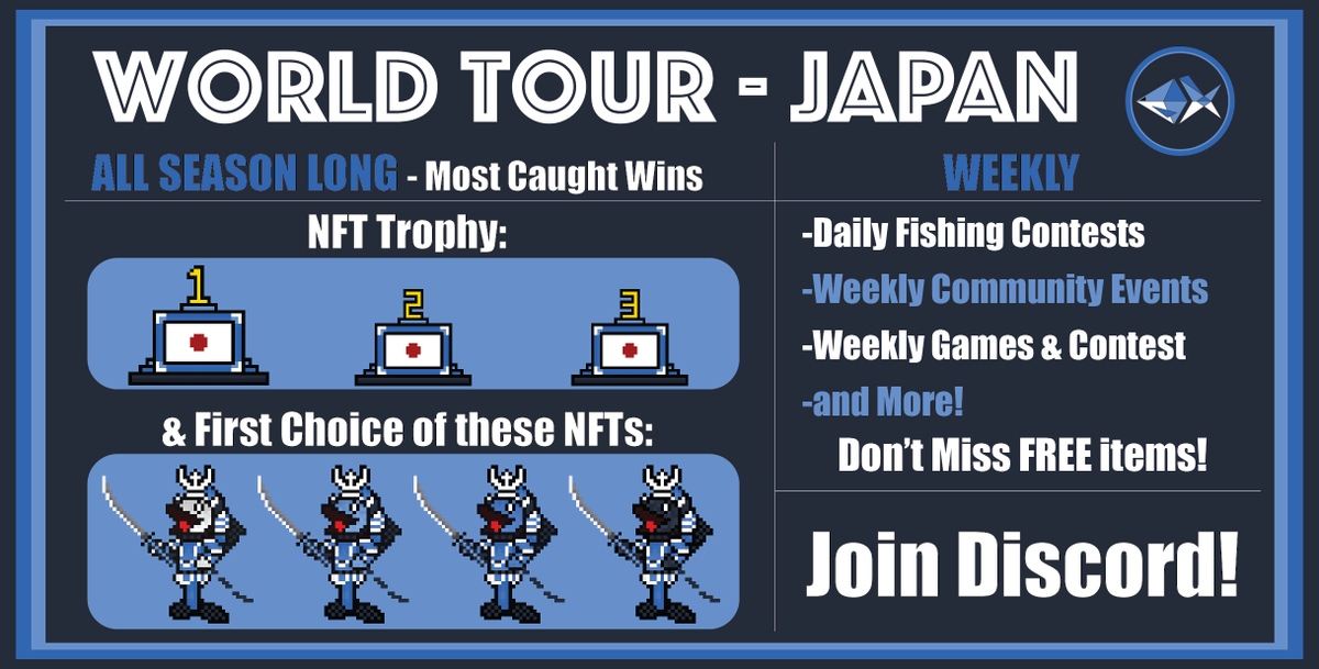 EtherFishing's tweet photo. 🎉WORLD TOUR!!
1st Loc = 🎌 JAPAN!
ℹ️ We will be fishing in Sagami Bay with Mount Fuji in the background!

4000 Fish including: 🐠35 Jackpots worth ~$1500
&amp; 100 Legendary Themed Etherfish! 🥷

🎣Fishing Contests #NFTGames
⛵️BOATOAD of #NFTGiveaways &amp; Collaborations are coming! https://t.co/4MFmxrERAk