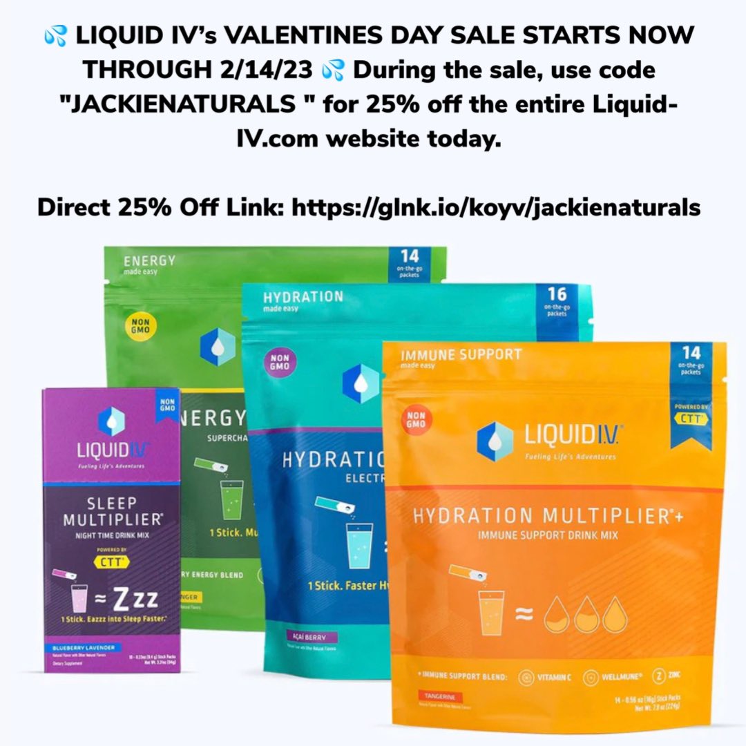 JackieNaturals's tweet image. 💦 LIQUID IV’s VALENTINES DAY SALE STARTS NOW THROUGH 2/14/23 💦 During the sale, use code "JACKIENATURALS" for 25% off the entire Liquid-IV.com website today. 

Direct 25% Off Link: glnk.io/koyv/jackienat…

#LIVPartner #liquidiv #hydration #electrolyte #water @liquidiv