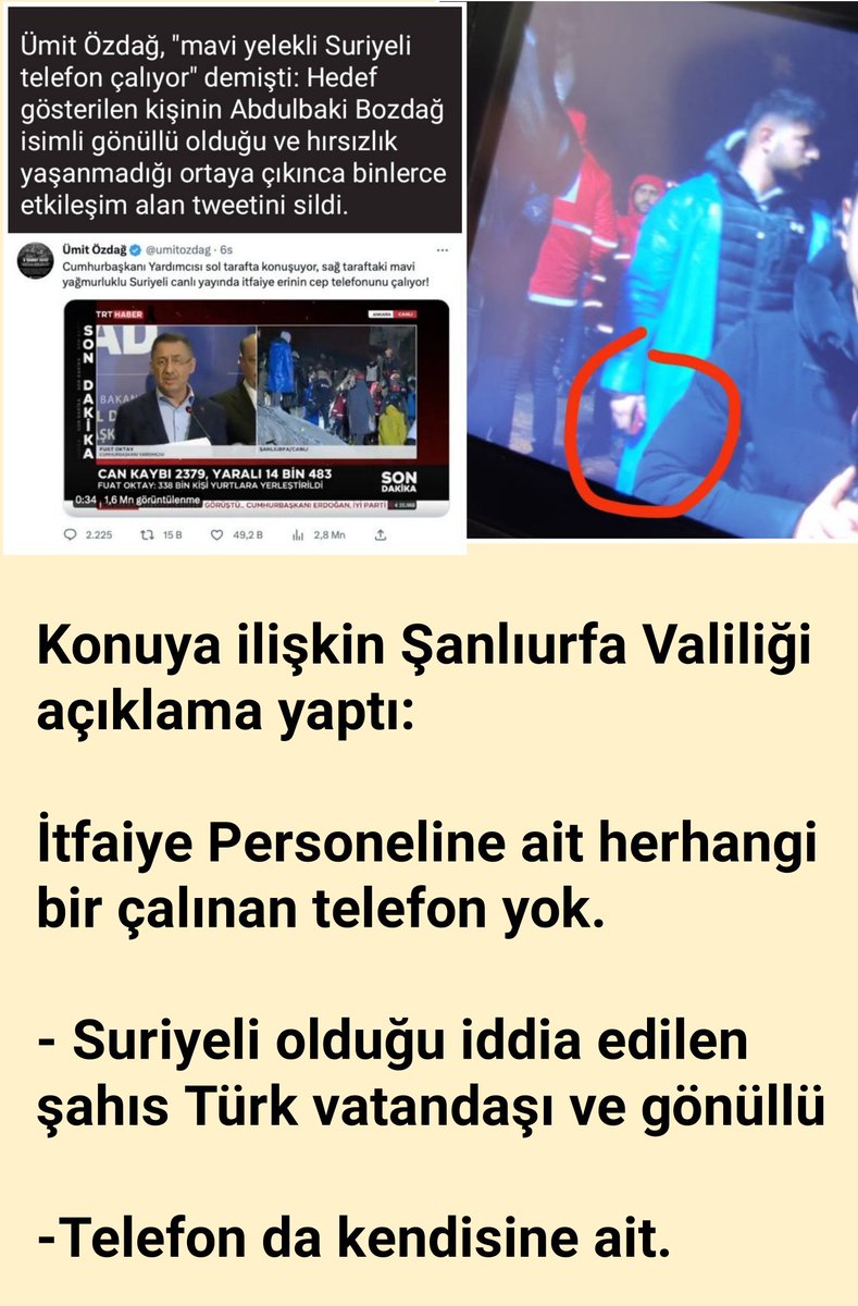 Ozgurmedya_tr's tweet photo. Ümit Özdağ, sosyal medya hesabından bir video yayınlayarak "Mavi yağmurluklu Suriyeli canlı yayında itfaiye erinin telefonunu çalıyor" demişti. Ümit Özdağ'ın "Telefon çalan Suriyeli" diye hedef gösterdiği Abdulbaki Bozdağ açıklama yaptı: Ben ne Suriyeliyim ne hırsızım. Türküm. https://t.co/HQofuJgJXv