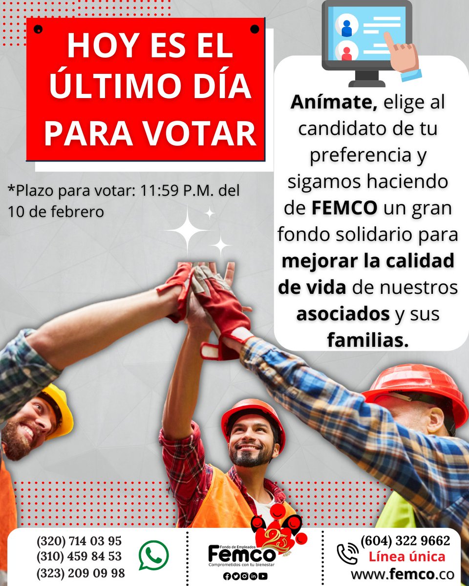 FFemco's tweet photo. 🗣Que no se te pase el tiempo para poder votar.👋

💥Hazlo ahora.

Vota aquí: https://t.co/d9jmEPkvEf

LÍNEA ÚNICA FIJA 👉📞(604) 3️⃣2️⃣2️⃣9️⃣6️⃣6️⃣2️⃣
WhatsApp🤳🏻
⬇️⬇️⬇️
(320)7140395
(301)6074372
(310)4598453

#TodosSomosFemco #Votaciones #viernes #Friday #últimodía https://t.co/MWYgg3gSMZ