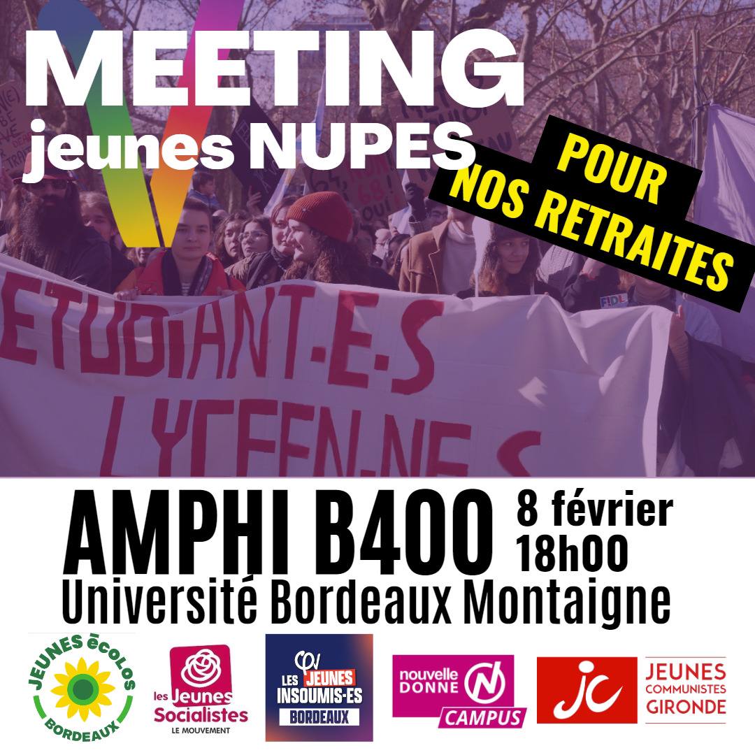 ND_Campus's tweet photo. Cette semaine, nos militants sont intervenus dans le cadre du meeting des jeunes #NUPES à Bordeaux contre la réforme des retraites qui impactera également durement la jeunesse 💥 
📣 On reste mobilisés samedi pour la journée de manifestation intersyndicale nationale 👊 https://t.co/2liLS3ufR5