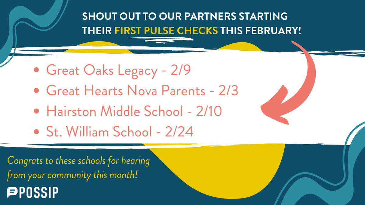 PossipIt's tweet image. This month, these schools and districts are sending their first Pulse Check™! Congrats to our new partners🎉

#PossipPartners #PulseChecks #StrongSchools