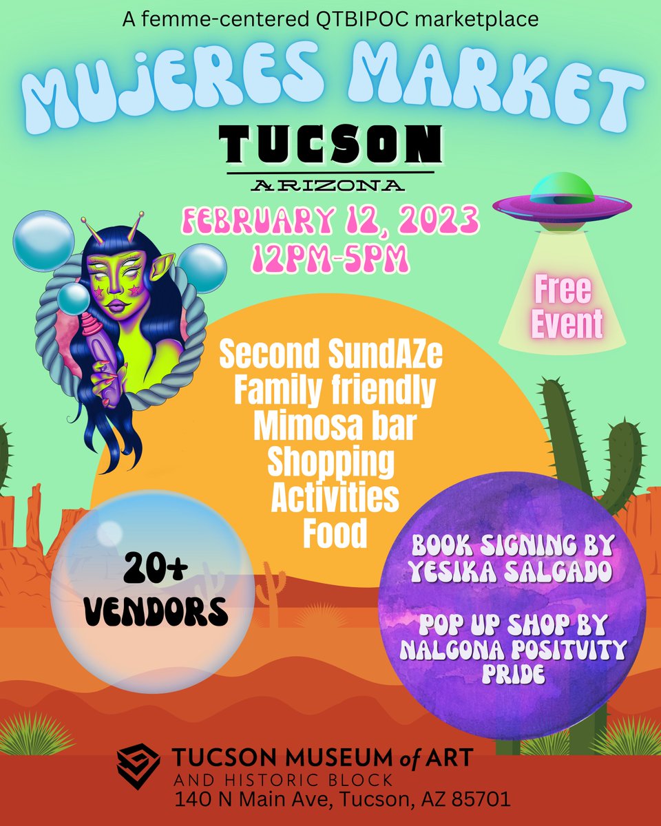 Tucson Museum of Art (@tucsonmuseumart) on Twitter photo This weekend at TMA! Support 20 + BIWOC and QTBIPOC artisans and creators this Sunday, February 12 from 12-5PM. The market will include 20+ vendors, the debut of the all femme DJ collective Traviesas, a pop-up from <a href="/NalgonaPride/">Nalgona Positive</a>, and more. Free and open to the public. This weekend at TMA! Support 20 + BIWOC and QTBIPOC artisans and creators this Sunday, February 12 from 12-5PM. The market will include 20+ vendors, the debut of the all femme DJ collective Traviesas, a pop-up from <a href="/NalgonaPride/">Nalgona Positive</a>, and more. Free and open to the public.