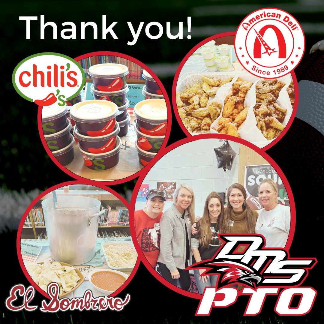 A HUGE thank you to our PTO &amp; local restaurants for putting on this year's annual Soup-er Bowl party! The soups from Chili's &amp; El Sombrero and the wings from American Deli were delicious, and we are truly blessed to have our @dmsfalconspto hosting these events for our teachers.