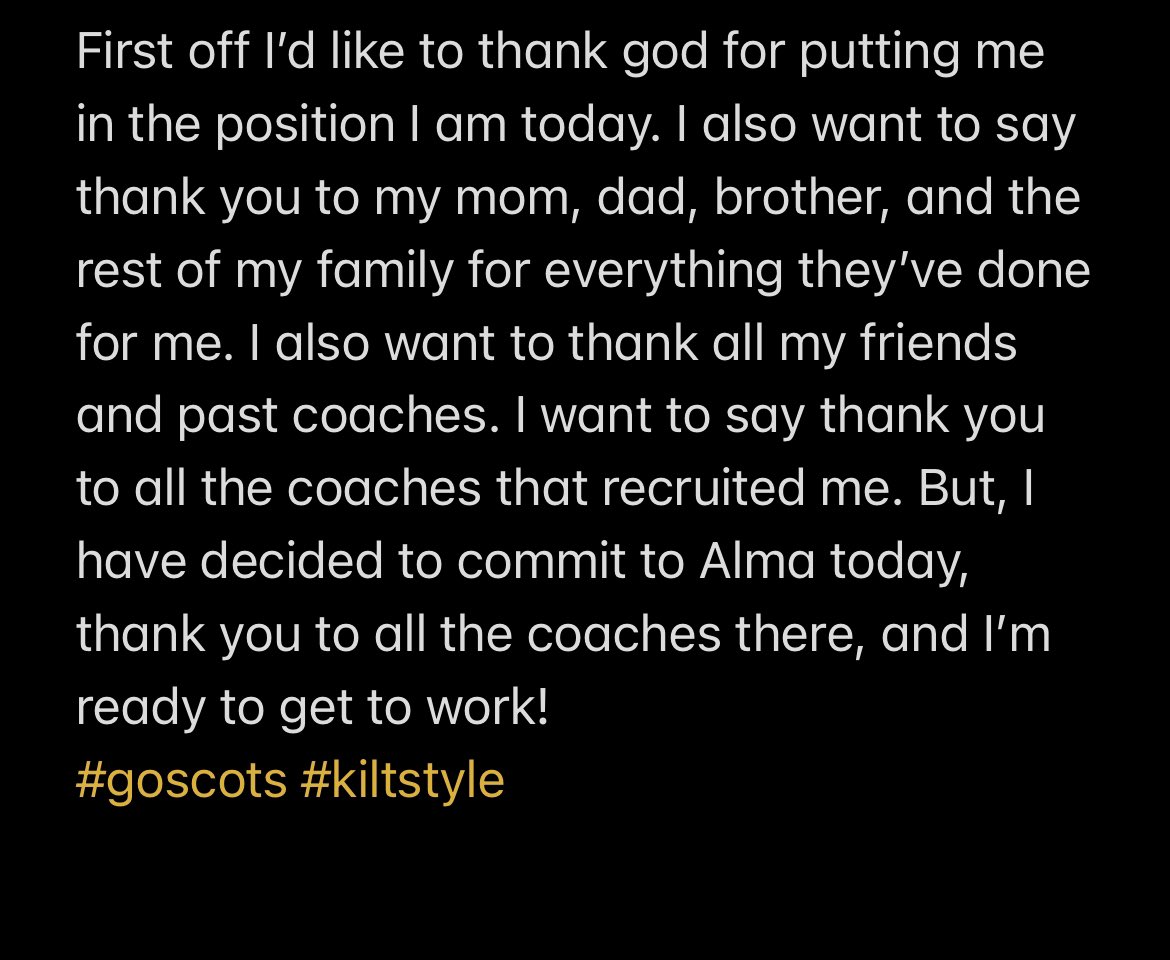 I’m very excited to announce that I’m 100% committed to Alma College ! <a href="/CoachCouchAlma/">Jason Couch</a> <a href="/CoachP_Alma/">Jason Polmanteer</a> <a href="/Coach_OGara/">Cooper O’Gara</a> <a href="/Ryan_Ettinger1/">Ryan Ettinger</a> <a href="/AlmaCoachCole/">Scotty Cole</a> <a href="/GL_football/">Grand Ledge Football</a> <a href="/TheD_Zone/">The D Zone</a> #goscots