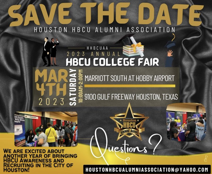 tmhsfuture's tweet photo. Interested in attending an HBCU?!? Mark your calendars!!! Click the link below to register for the FREE college fair.
📅March 4, 2023
⌚️10-2 PM
📍 Houston Marriott South at Hobby Airport
https://t.co/juyuc9M4oP https://t.co/6sBLxS3hvQ