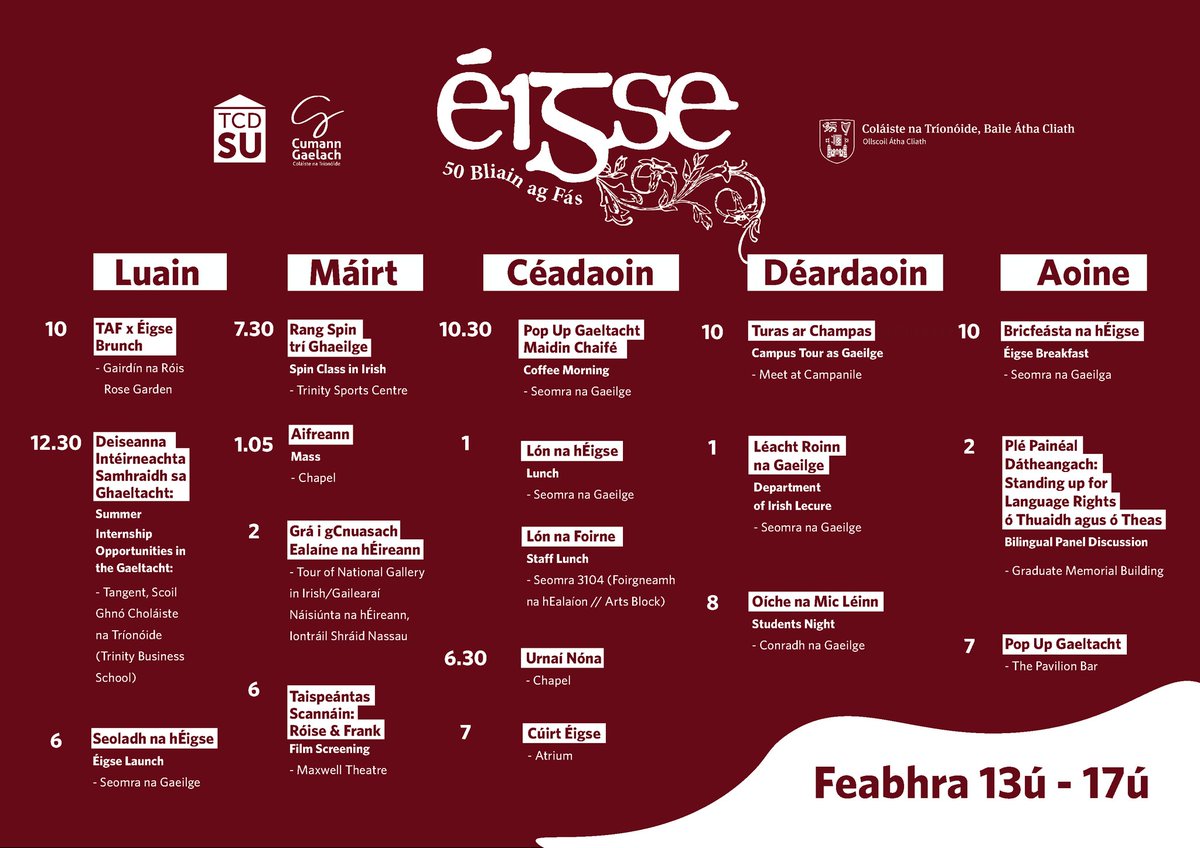 Táimid ag ceiliúradh bliain ollmhór d'Éigse na Tríonóide - 50 bliain den fhéile agus 10 mbliana ó d'oscail Seomra na Gaeilge! #Éigse23

We are celebrating the 50th year of Trinity's Irish language festival, Éigse na Tríonóide, and 10 years since Seomra na Gaeilge opened!