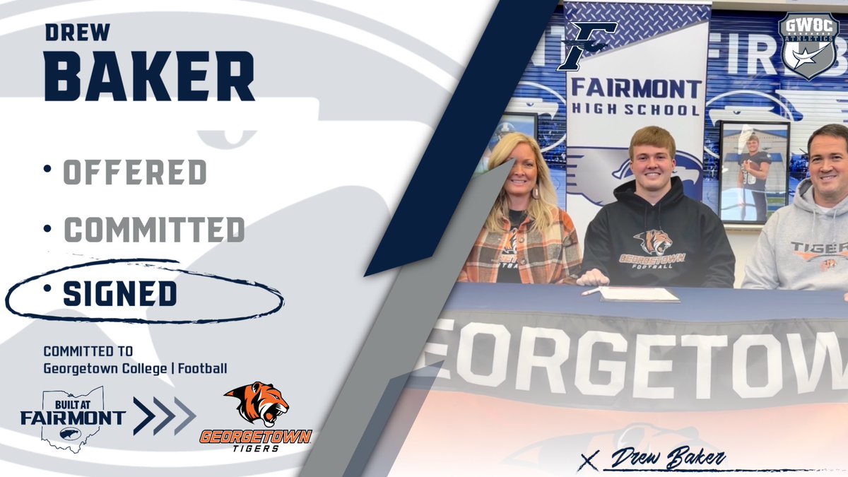FHSAthletics1's tweet photo. Congratulations Drew Baker on signing to play football at Georgetown College! 

We are excited to follow your college career as a student-athlete and applaud your efforts here at Fairmont. You are always and forever a Firebird!

#BuiltAtFairmont | #WeAreFirebirds https://t.co/PEj9tmKjU9