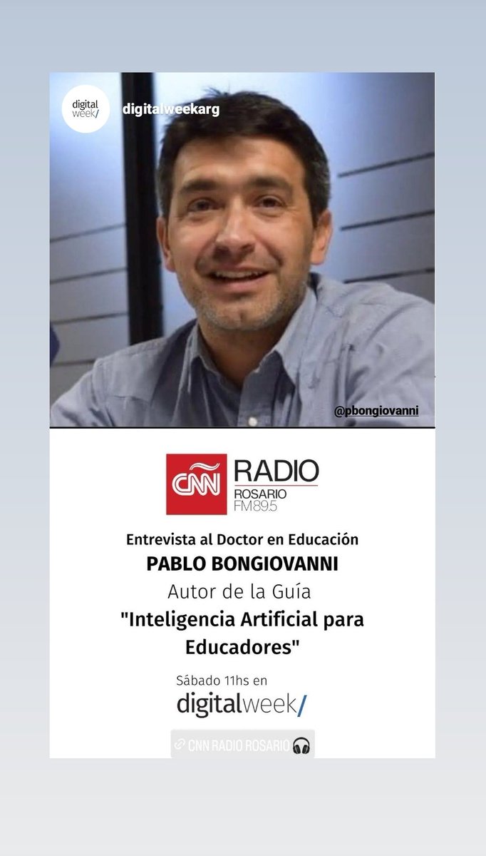 pbongiovanni's tweet photo. Mañana a las 11 por CNN Rosario en Digital Week con @arielegimenez hablamos de Inteligencia Artificial y Educación ✅ #IA #Educación https://t.co/TQaj4Xps1x