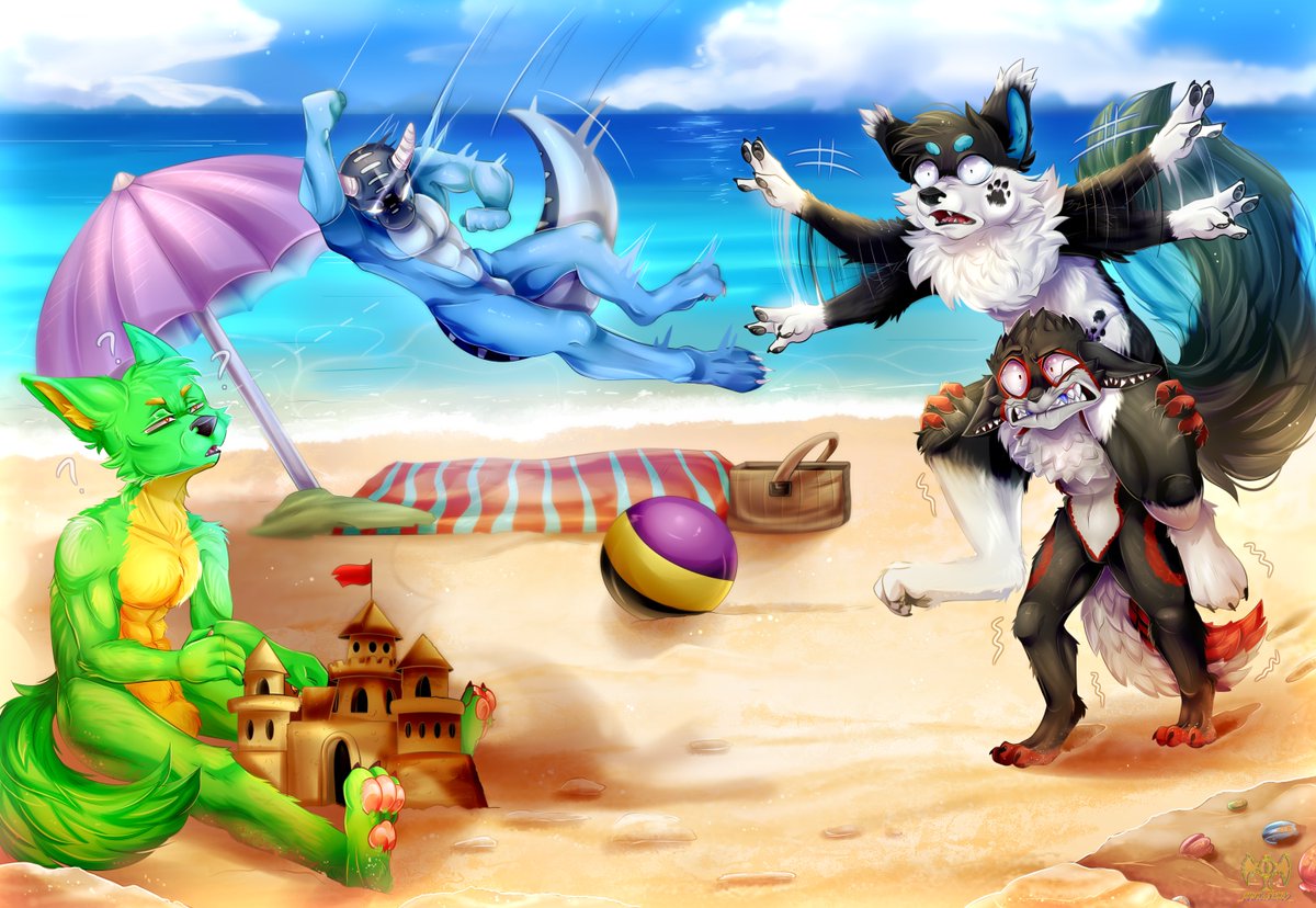 Kwiateko's tweet photo. Huge detailed commission from FA!
It was a gift for the customer's friends :3

#art #digital #furry #furryart #furryartist #furrycommission  #Commission #Anthro #canine #dinosaur #wolf #dog #rexium #sea #beach #friends https://t.co/Fv6DihGugD