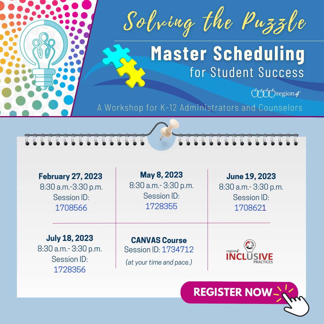 Do you want to solve the puzzle 🧩 of master scheduling?

This workshop is designed to help administrators &amp; counselors:

☑️ Explore common scheduling barriers
☑️ Accurately schedule for special populations
☑️ Support scheduling on every campus

Learn more bit.ly/R4MasterSchedu…