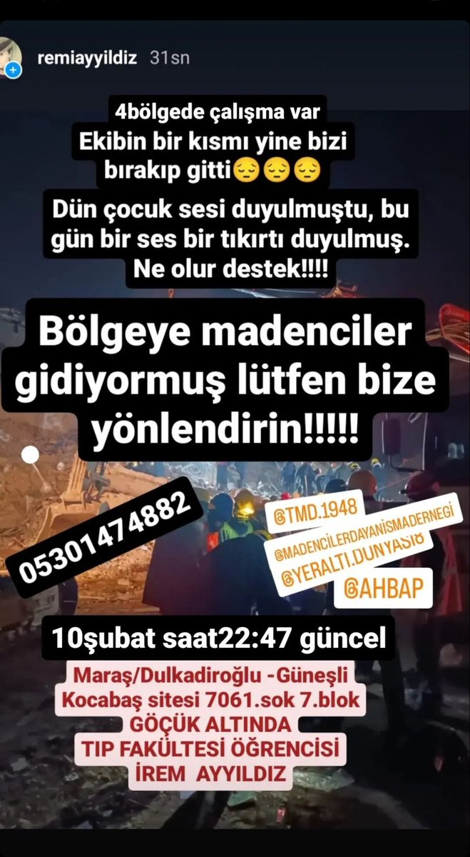 glsmsaymer's tweet photo. #iremayyıldız @ahbap @AFADBaskanlik @TMDMadenciler @OguzhanUgur @BabalaTv https://t.co/r3HdOtYTIi