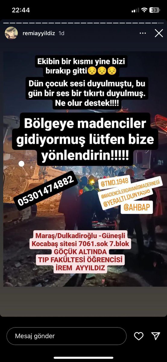 cans_ayg's tweet photo. @AKUT_Dernegi LÜTFEN SİZE İHTİYACIMIZ VAR ❗️
GÖNÜLLÜLER YARDIM EDEMİYOR❗️
SES, TIKIRTI DUYULMUŞ ❗️
DÜN ÇOCUK SESİ GELMİŞ ❗️
LÜTFEN YARDIM EDİN #iremayyıldız @TMDMadenciler https://t.co/RYoUkAgjQr