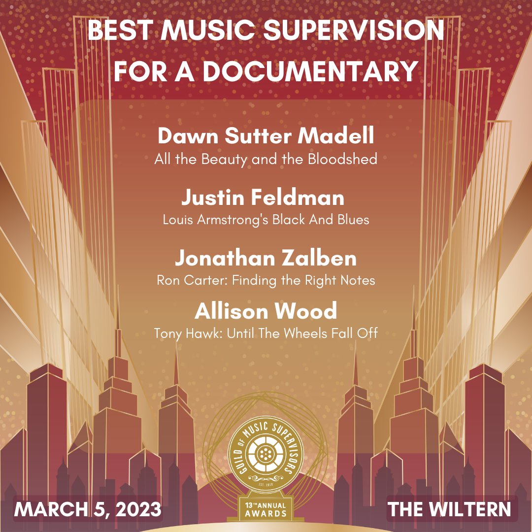 Huge congrats to all the nominees for this year’s #GMSAwards in the Best Music Supervision For A Documentary category!
Get your tickets now at gmsawards.com

Also, become a Guild member at …ildofmusicsupervisors.wildapricot.org

#MusicSupervision #awards #guildofmusicsupervisors