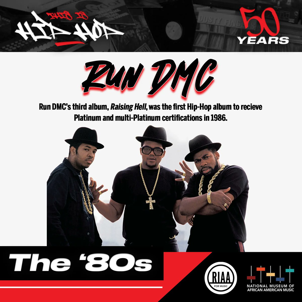 Released on May 15, 1986, @officialRundmc's third album, Raising Hell became the first Platinum and mult-Platinum hip hop record. #NMAAM #ThisIsHipHop #RunDMC #RIAA ##HipHop50