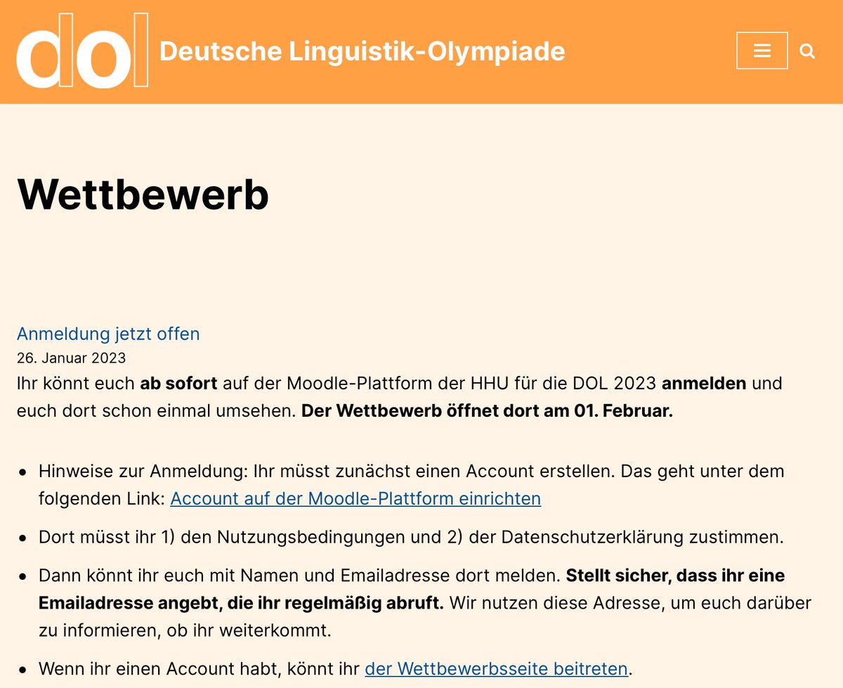 Die Deutsche Linguistik-Olympiade 2023 ist gestartet.

Jetzt anmelden und mitmachen!

Infos unter linguistikolympiade.de

#linguistik #wettbewerb #schule #twlz #twitterlehrerzimmer #lehrerleben #lehrerinnenleben