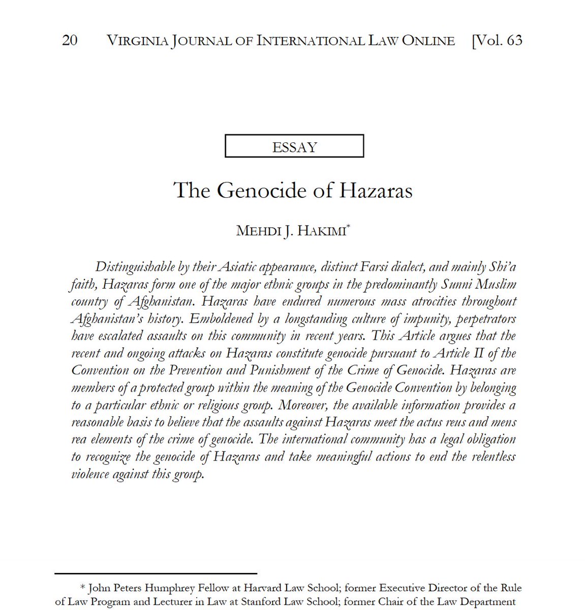 My new piece, “The Genocide of Hazaras,” is now out in the Virginia Journal of International Law. 

Download link: ssrn.com/abstract=42624…