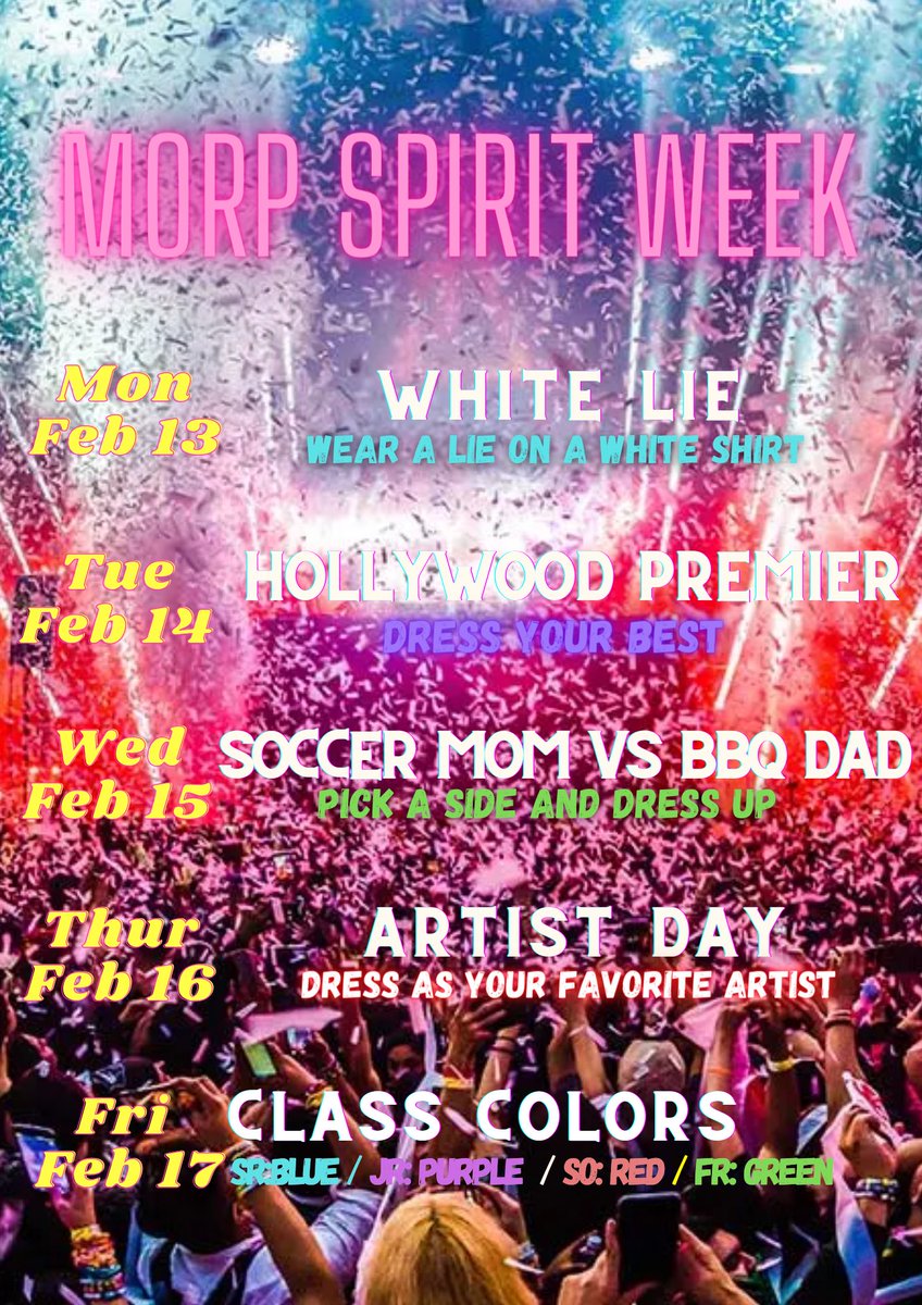 Here are next weeks spirit days!🪩👩🏽‍🎤🎤