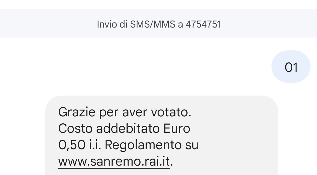 VOTIAMO CODICE 01 PER 5 VOLTE 
Ovviamente deve uscire poi questo messaggio che conferma l'invio suuuu!!
#CODICE01 #sangiovanni #ariete #Sanremo2023