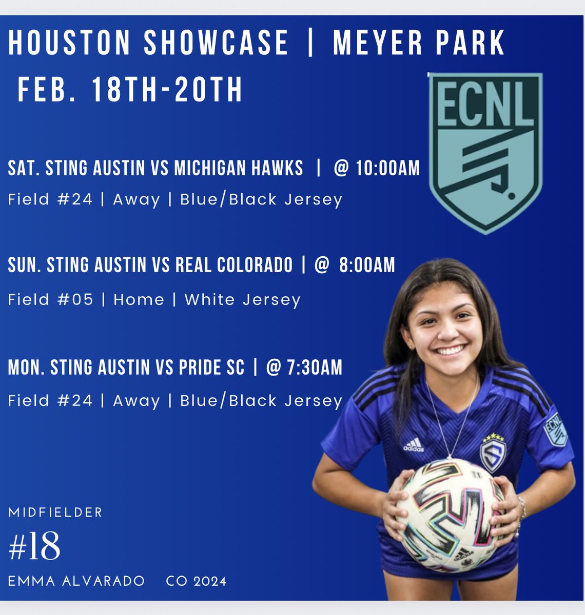 Emma Alvarado (@emmaalvarado_18) on Twitter photo ONE MORE WEEKEND AWAYโผ๏ธCome out to ๐ itโs gonna be a good one you wouldnโt want to miss #ECNLTX #HoustonShowcase <a href="/TheECNL/">The ECNL</a> <a href="/ImYouthSoccer/">ECNL/GA/Recruiting/College Soccer</a> <a href="/ImCollegeSoccer/">College Soccer Truth โข</a> <a href="/EcnlTexas/">ECNL Girls Texas Conference</a> <a href="/stingaustin06/">Sting Austin 05/06 ECNL U18/U19</a> <a href="/SEUWSoccer/">St. Edward's Women's Soccer</a> <a href="/hpuwsoc/">HPU Women's Soccer</a> <a href="/TWU_Soccer/">TWU Soccer</a> <a href="/StMUwsoccer/">St. Mary's Women's Soccer</a> <a href="/TLUWSOC/">TLU Womenโs Soccer</a> <a href="/CruWomensSoccer/">UMHB Women's Soccerโฝ๏ธ</a> ONE MORE WEEKEND AWAYโผ๏ธCome out to ๐ itโs gonna be a good one you wouldnโt want to miss #ECNLTX #HoustonShowcase <a href="/TheECNL/">The ECNL</a> <a href="/ImYouthSoccer/">ECNL/GA/Recruiting/College Soccer</a> <a href="/ImCollegeSoccer/">College Soccer Truth โข</a> <a href="/EcnlTexas/">ECNL Girls Texas Conference</a> <a href="/stingaustin06/">Sting Austin 05/06 ECNL U18/U19</a> <a href="/SEUWSoccer/">St. Edward's Women's Soccer</a> <a href="/hpuwsoc/">HPU Women's Soccer</a> <a href="/TWU_Soccer/">TWU Soccer</a> <a href="/StMUwsoccer/">St. Mary's Women's Soccer</a> <a href="/TLUWSOC/">TLU Womenโs Soccer</a> <a href="/CruWomensSoccer/">UMHB Women's Soccerโฝ๏ธ</a>