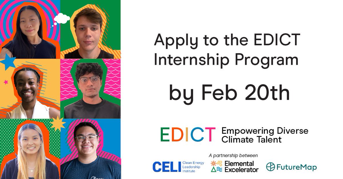 We are partnering with the EDICT Internship, an immersive summer program offering college students or recent grads work experience, a deeper understanding of climate issues, and leadership skills building. Apply here by Feb 20. elementalexcelerator.com/edict-internsh… 
#EDICT2023