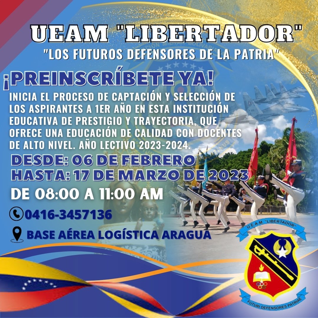#02Feb// 🇦 🇹 🇪 🇳 🇨 🇮 🇴́ 🇳  🚨Activo el proceso de captación y selección de los aspirantes a 1er año de Educación Media Gerenal, año lectivo 2023-2024. No esperes más y se un LIMILIBER. 
'Los Futuros Defensores de la Patria'