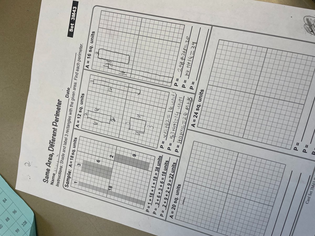 SunmanEl's tweet photo. 3rd Grade Q3 Math #PowerStandard
Identify and draw rectangles with the same perimeter and different areas or with the same area and different perimeters. #partnerwork
#HowMuchWeCanGrow #WatchSunmanDearborn https://t.co/Ej714wEqxQ