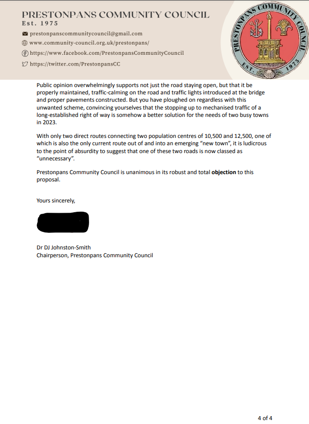 Prestonpans Community Council (@prestonpanscc) on Twitter photo After careful consideration and consultation we have sent the attached letter to <a href="/ELCouncil/">East Lothian Council - news and information</a> OBJECTING to their plans to close to mechanised traffic one of the two roads directly connecting Prestonpans with our neighbouring community of Tranent.
It needs upgrading not closed... After careful consideration and consultation we have sent the attached letter to <a href="/ELCouncil/">East Lothian Council - news and information</a> OBJECTING to their plans to close to mechanised traffic one of the two roads directly connecting Prestonpans with our neighbouring community of Tranent.
It needs upgrading not closed...