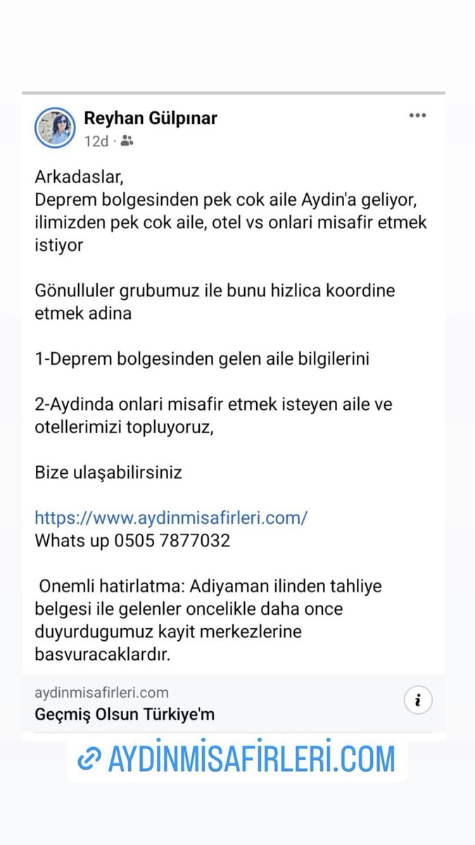 aydinmisafirleri.com 
*KONAKLAMA BAŞVURUSU* ya da *YARDIMSEVER BAŞVURUSU*
için gerekli bilgileri doldurup ulaştırırsanız kriz merkezlerine konuyu daha hızlı aktarma şansımız olacak. Ve mümkünse Aydın'a gelecek misafirlerimiz için bu *LİNKİ PAYLAŞALIM.*