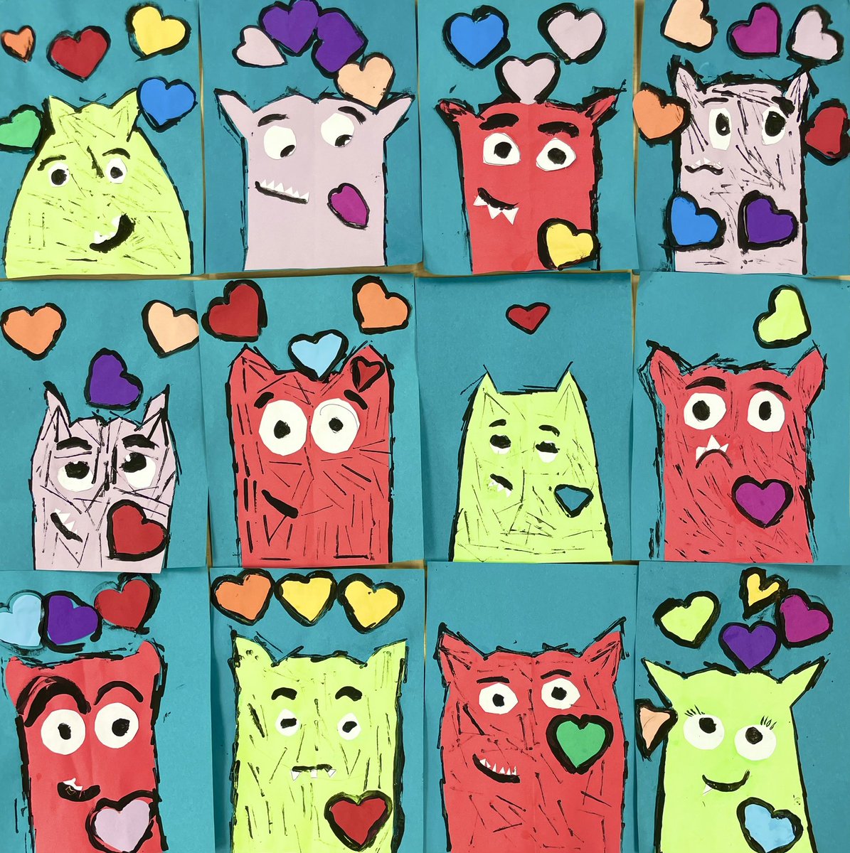 Sunflower_Art_'s tweet photo. Almost Valentine’s Day! Here’s some cutie 1st grade love monsters we finished a little bit ago! @fuchs_britney @ba_room104 @KalisRyan @SunflowerSMSD https://t.co/YSLzkMkDdm