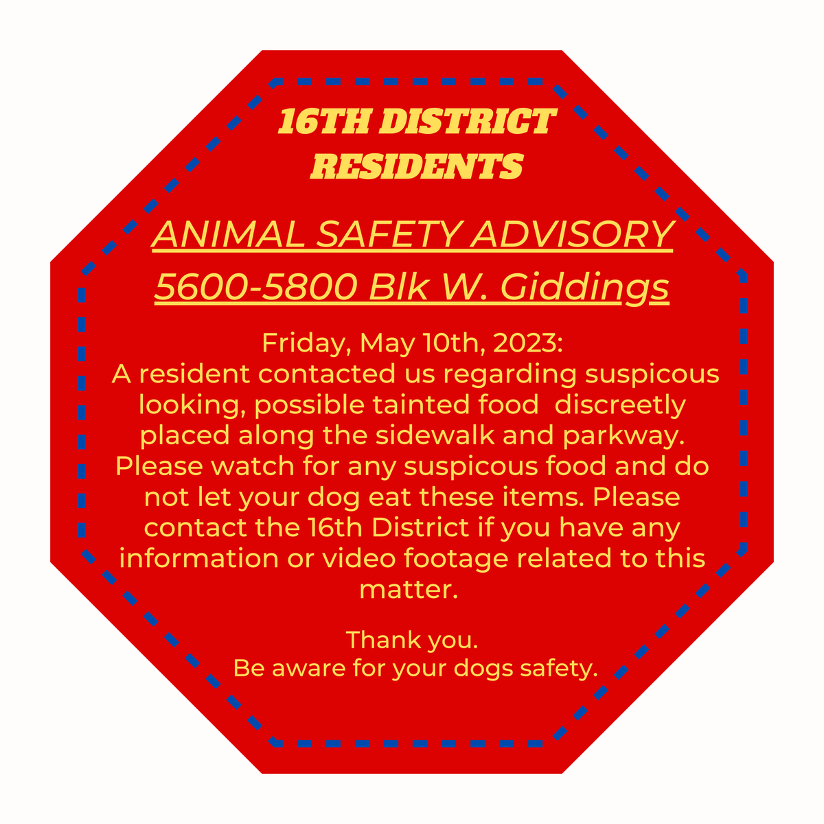 ChicagoCAPS16's tweet photo. A resident contacted us regarding suspicous looking, possible tainted food discreetly placed along the sidewalk and parkway. Please watch for any suspicious food. Do not let your dog eat these items. Contact the 16th District if you have any information related to this matter. https://t.co/fJWC9xA0OP