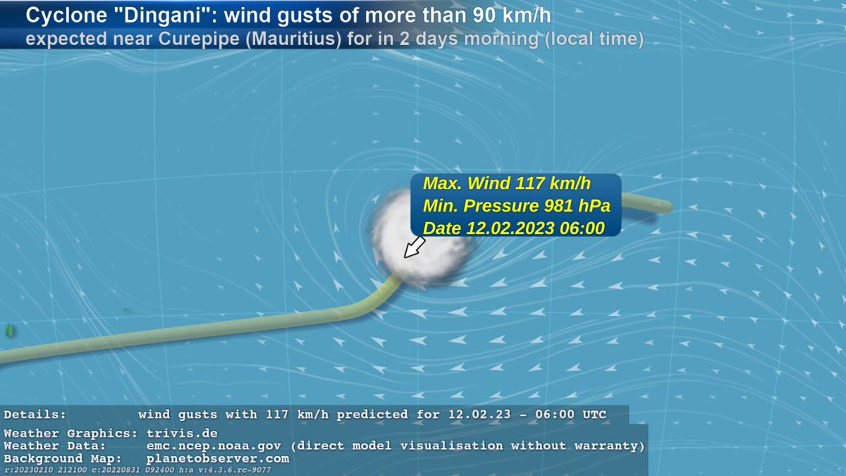 ASKMeteo's tweet photo. We also follow Cyclone "#Dingani". EMC GFS data contains #weather of type "#StrongWind" with wind gusts of more than 90 km/h near #Curepipe (#Mauritius) for in 2 days morning given in local time. The wind gusts with 117 km/h are expected for 12.02.23 - 06:00 UTC. https://t.co/WBCEo10PJM
