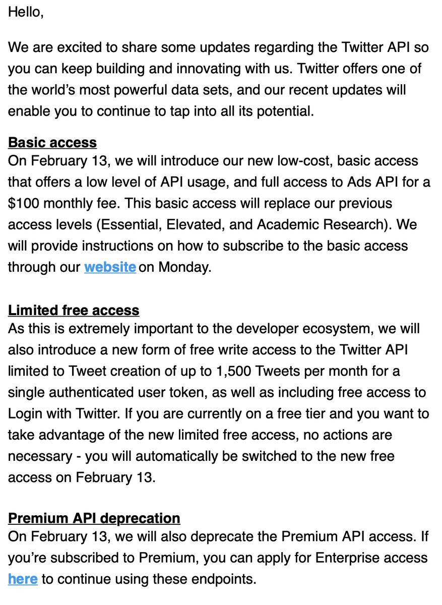 yang3kc's tweet photo. It's confirmed, the academic research API access for Twitter will be gone after Feb 13 🪦

It will be replaced by the $100/month "basic access." Details coming on Monday.

#NoResearchWithoutAPI https://t.co/NpZwPhPrDZ