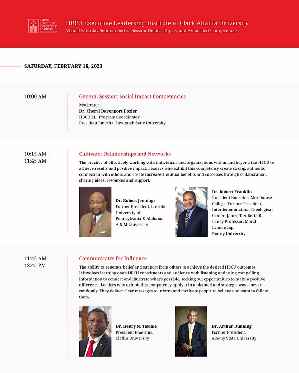 Next Saturday, Feb 18, Fellows will hear from Dr. Cheryl Davenport Dozier, Dr. Robert Jennings, Dr. Robert Franklin, Dr. Henry N. Tisdale, and Dr. Arthur Dunning on our Virtual Saturday Seminar Series session topic, Social Impact Competencies!